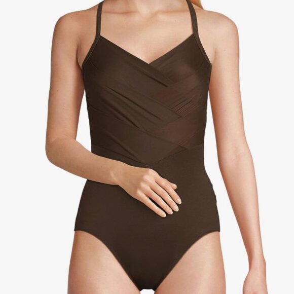 Lands' End Slender Suit V-Neck Pleated X-Back One Piece Swimsuit Size 86353